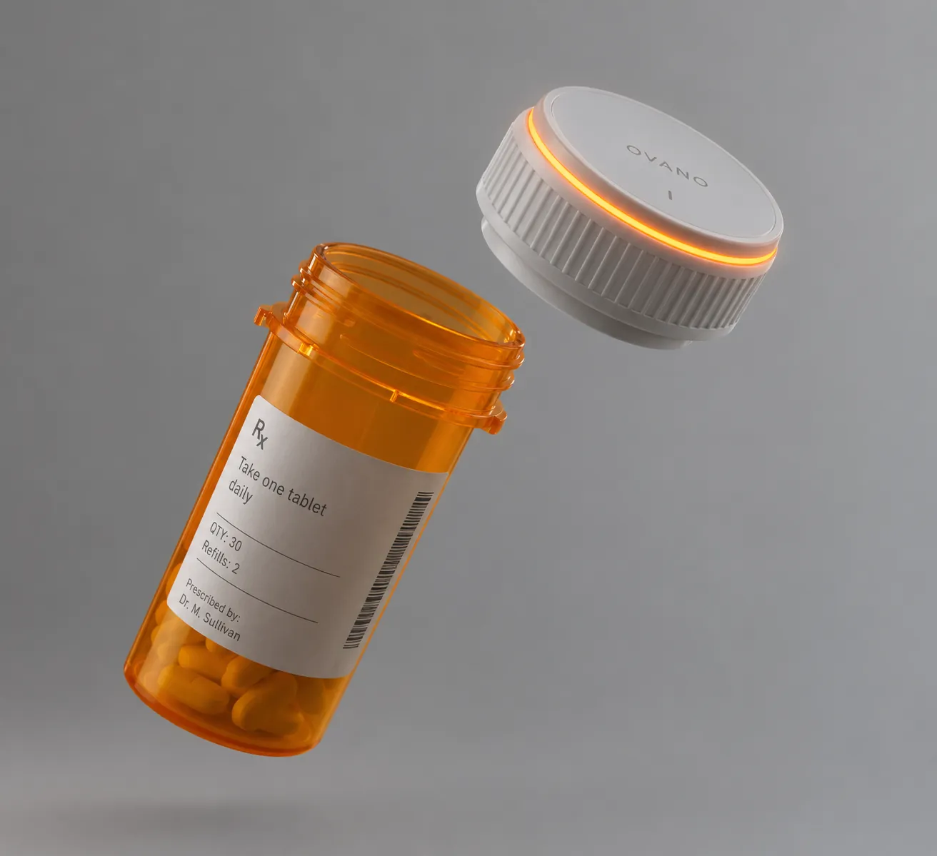 Ovano smart cap lifted off an amber pharmacy pill bottle, its light ring glowing amber